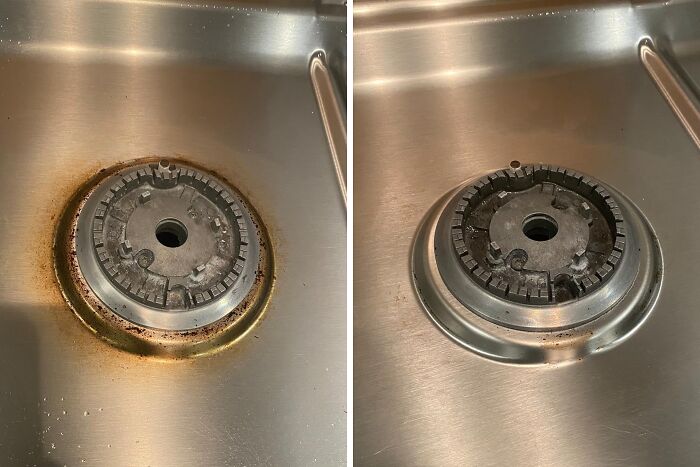 Before and after cleaning a stove burner, demonstrating genius cleaning tricks to impress your in-laws without breaking a sweat.