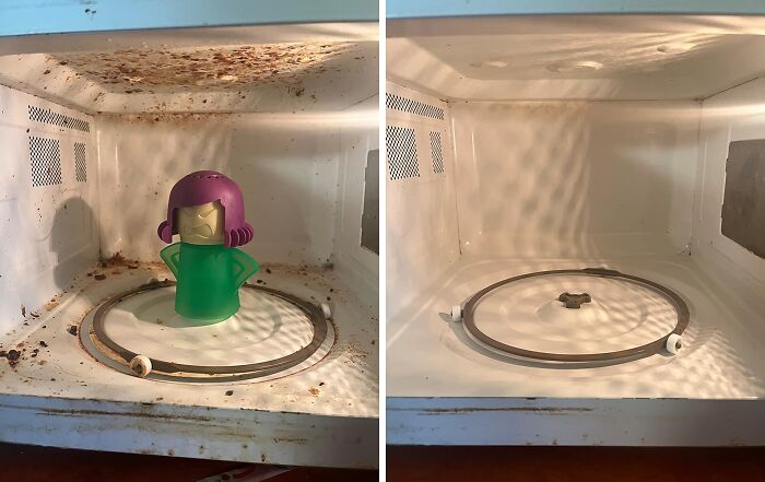 Before and after microwave cleaning using genius cleaning tricks to impress your in-laws without breaking a sweat.