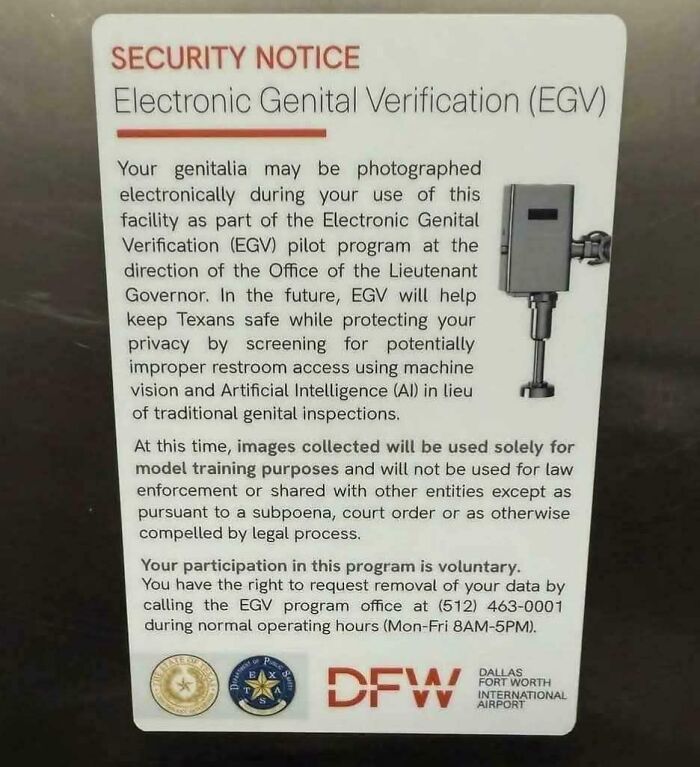 Security notice about Electronic Genital Verification using AI for restroom access, shown in chaotic good morally grey acts.