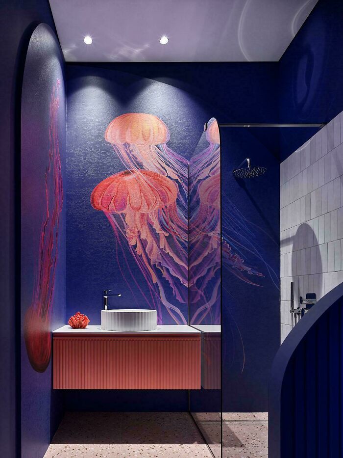 Bathroom corner with jellyfish wall art and modern decor, showcasing a unique home decorating corner people feel proud of.