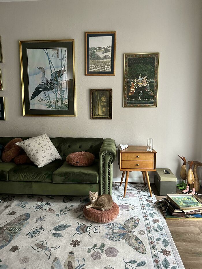 Cozy living room corner featuring an olive green velvet sofa, decorative wall art, patterned rug, and a small wooden side table.