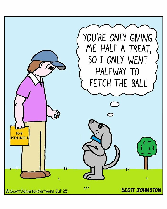 One-panel comic by Canadian cartoonist Scott Johnston showing a dog negotiating treat for fetching the ball.