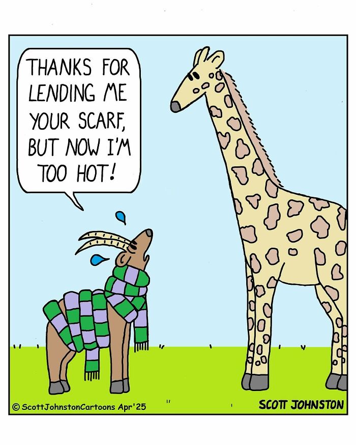 Funny one-panel comic by Canadian cartoonist Scott Johnston showing a sweating animal wearing a scarf talking to a giraffe.