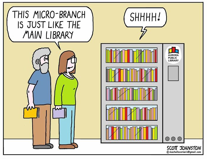 Two people in a comic panel discussing a micro-branch library with a bookshelf, illustrating a funny one-panel comic by Scott Johnston.