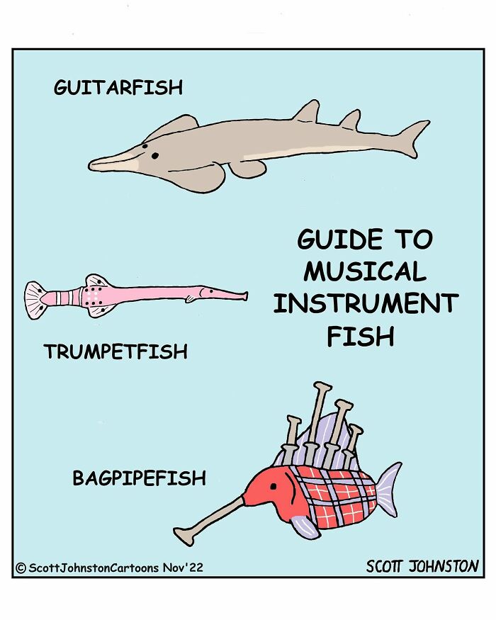 Cartoon featuring funny musical instrument fish including guitarfish, trumpetfish, and bagpipefish by Canadian cartoonist Scott Johnston.