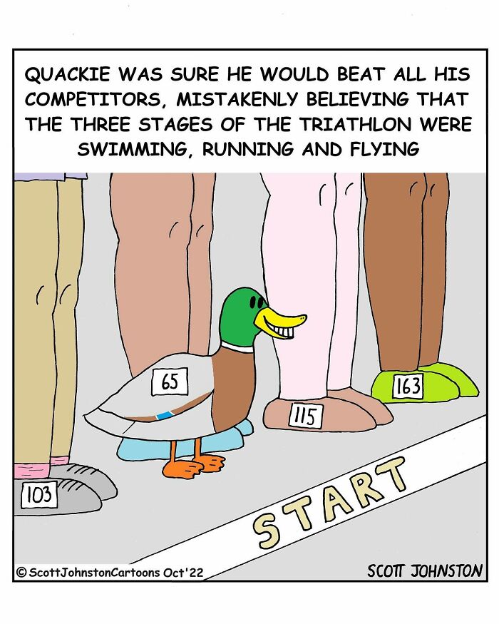 One-panel comic by Scott Johnston showing a duck at a race start line, humorously misunderstanding triathlon stages.