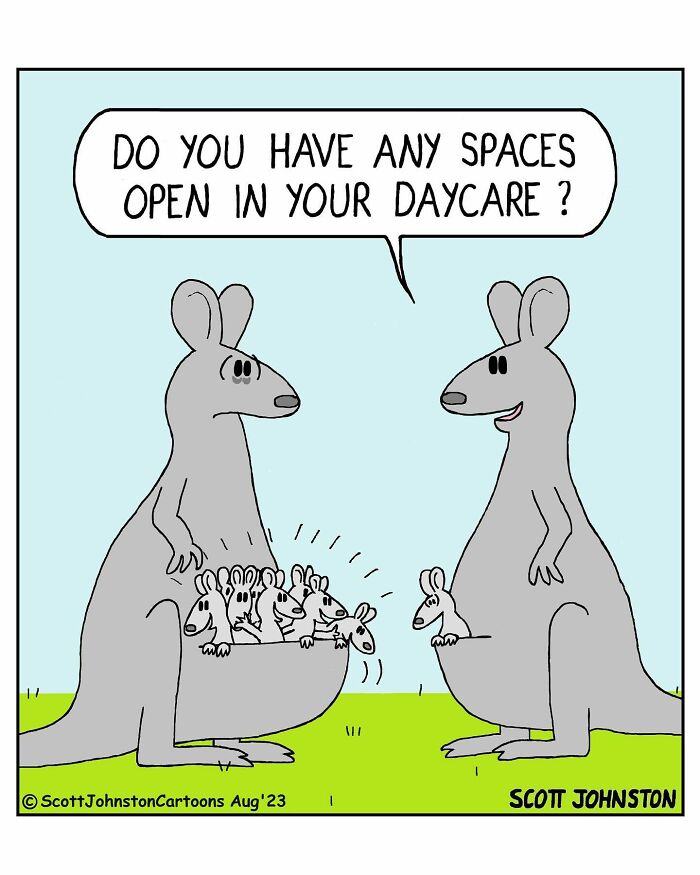 Funny one-panel comic by Canadian cartoonist Scott Johnston showing kangaroos with babies in pouches asking about daycare spaces.