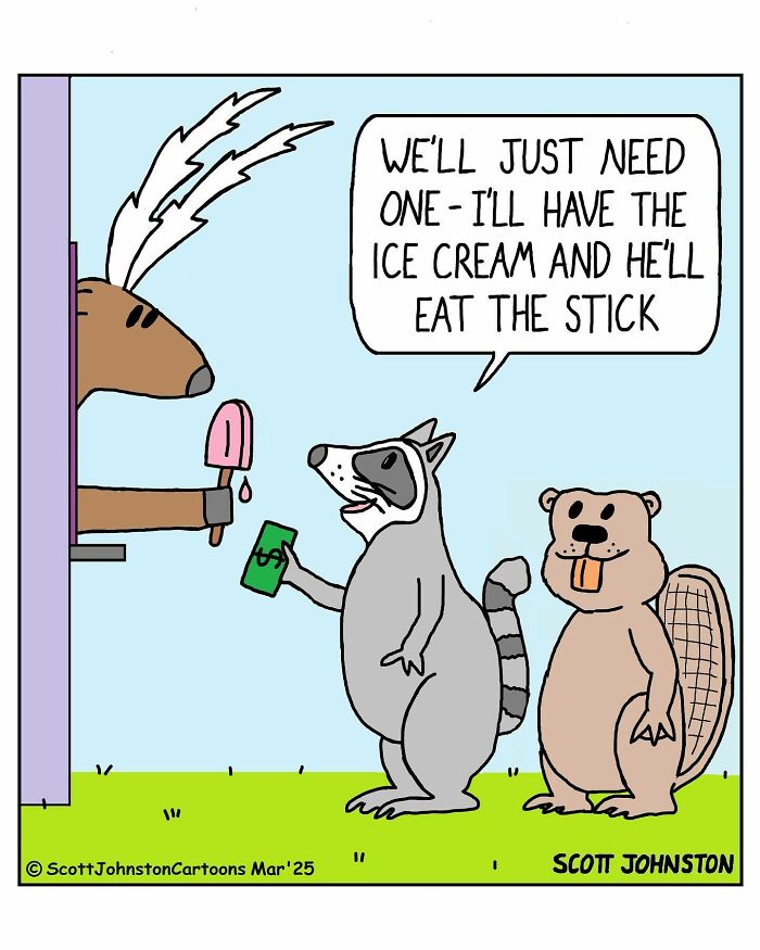 One-panel comic by Canadian cartoonist Scott Johnston showing a raccoon buying ice cream with a beaver waiting behind.