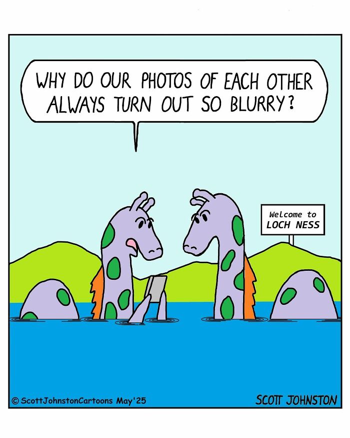 Two Loch Ness monsters discussing blurry photos in a funny one-panel comic by Canadian cartoonist Scott Johnston.