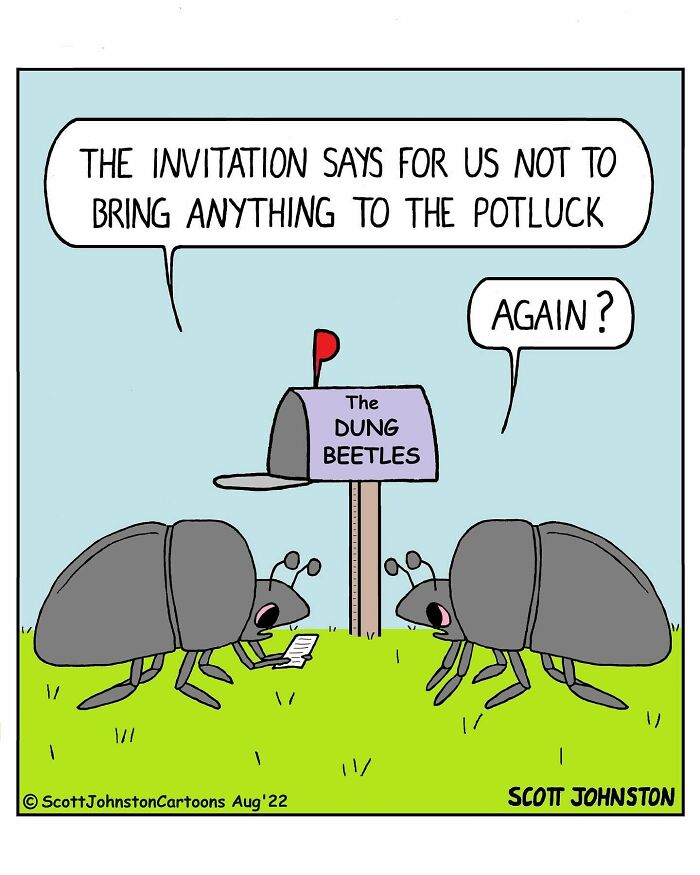 Cartoon of two dung beetles discussing not bringing anything to a potluck, in a funny one-panel comic style.