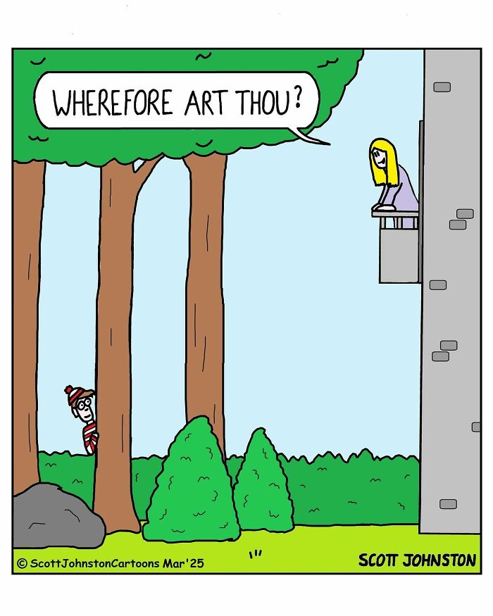 Funny one-panel comic by Canadian cartoonist Scott Johnston featuring a woman looking for a hidden character in the trees.