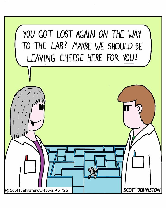 One-panel comic by Canadian cartoonist Scott Johnston featuring scientists and a mouse lost in a maze.