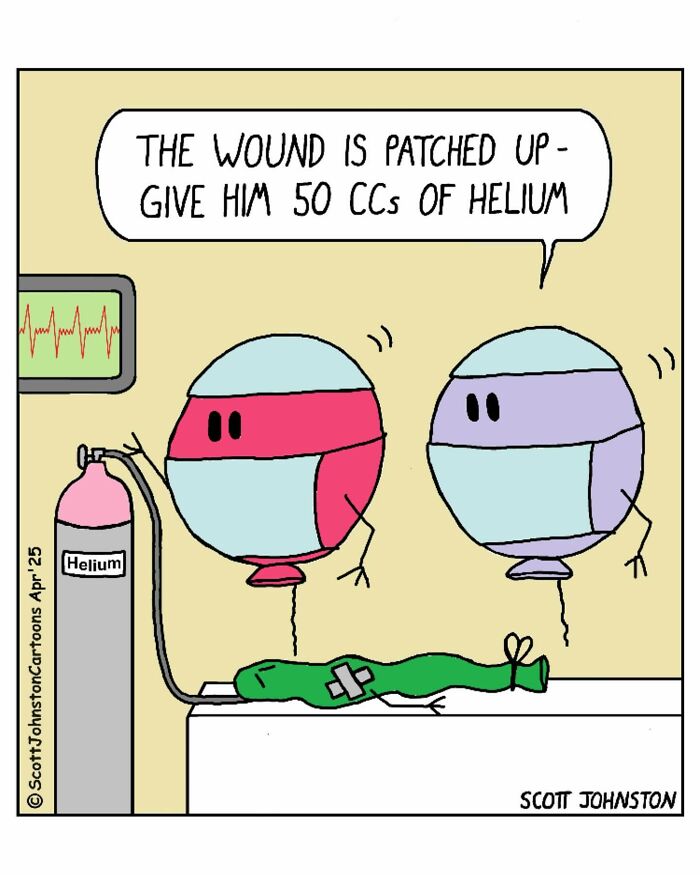 Funny one-panel comic by Scott Johnston showing helium balloons discussing medical treatment in a humorous hospital scene.
