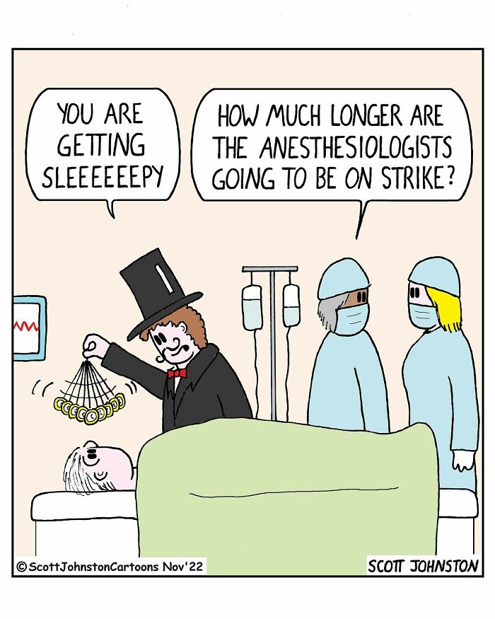 One-panel comic by Canadian cartoonist Scott Johnston showing a patient hypnotized as anesthesiologists discuss a strike.