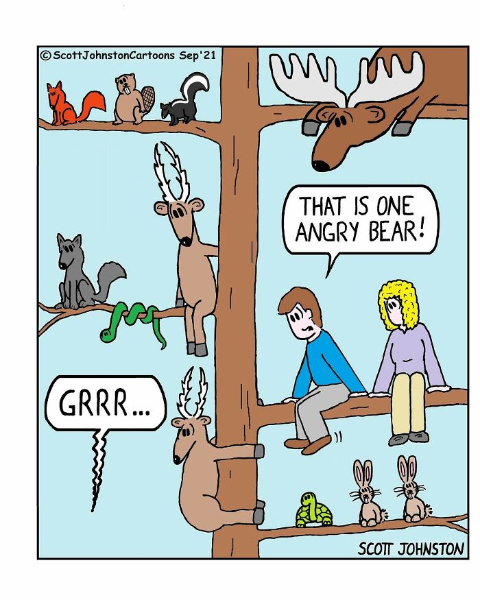 Funny one-panel comic by Canadian cartoonist Scott Johnston showing a man and woman reacting to an angry bear in a tree.