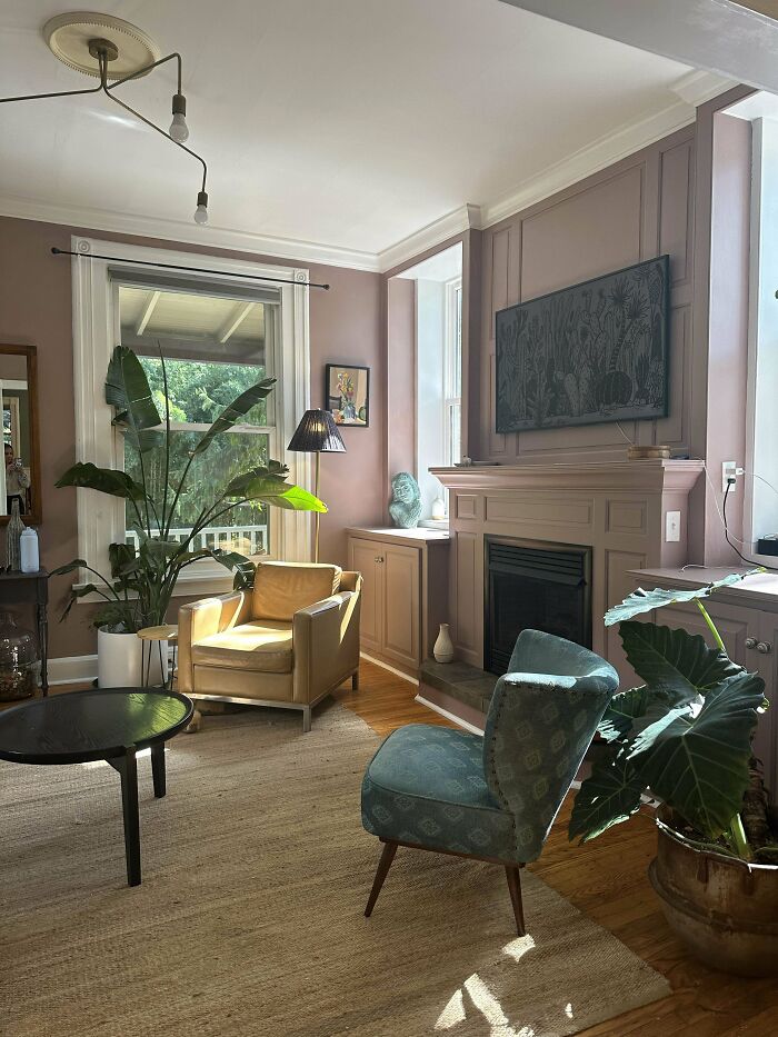 Cozy corner of a living room with stylish chairs, a fireplace, large plants, and natural light, showcasing home decorating pride.