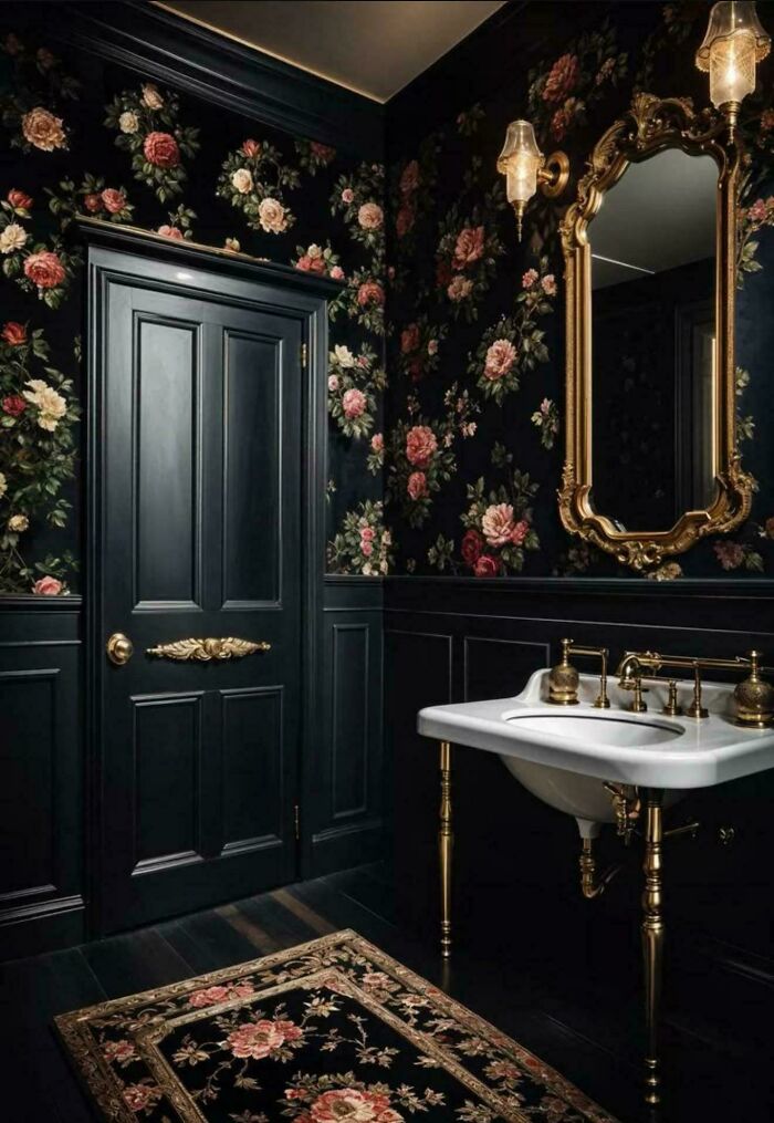 Dark floral wallpaper and elegant vintage decor create a proud corner of home decorating around a classic bathroom sink.