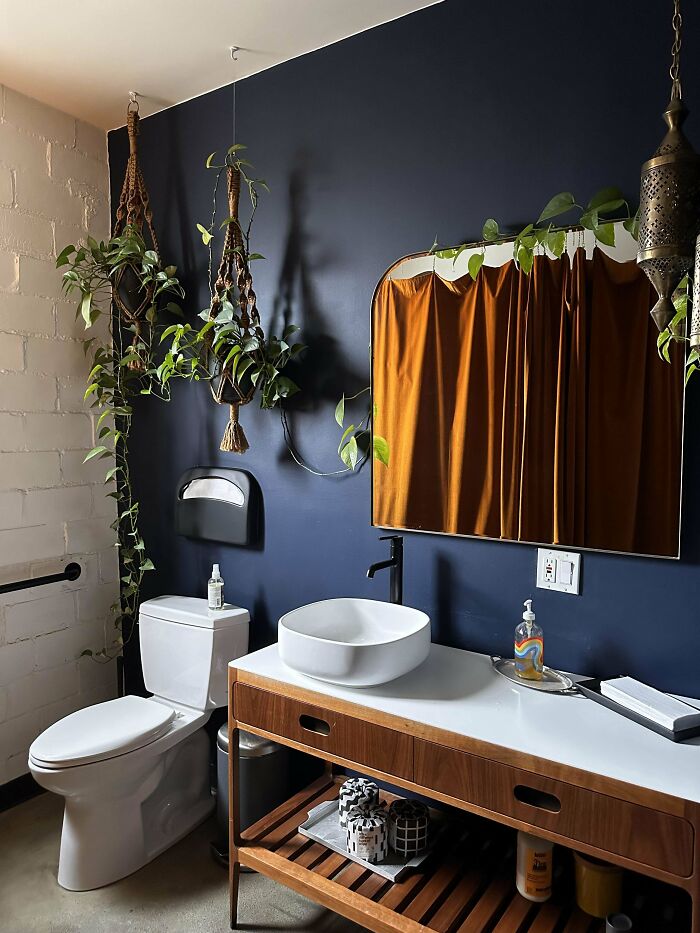 Bathroom corner with dark blue walls, hanging plants, wooden vanity, and modern sink showcasing home decorating pride.