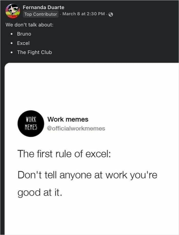 Social media post showing a work meme about Excel skills and humorous work memes for everyone ready to retire.