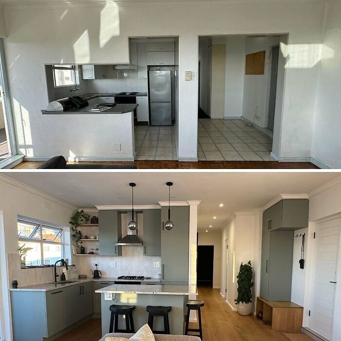 Before and after photos of a modern kitchen renovation showcasing a beautifully decorated home corner.