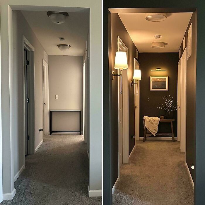 Before and after photos of a decorated home corner hallway featuring warm lighting, artwork, and cozy accents.