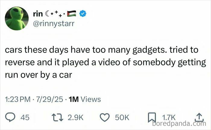 Tweet screenshot about cars with too many gadgets, part of hilarious tweets from July that slapped hard.