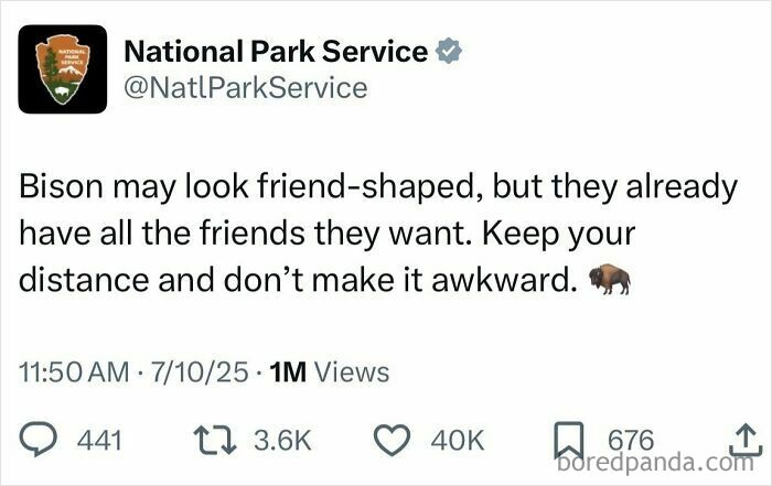 Tweet from National Park Service joking about bison and social distancing, featured in hilarious tweets from July collection.