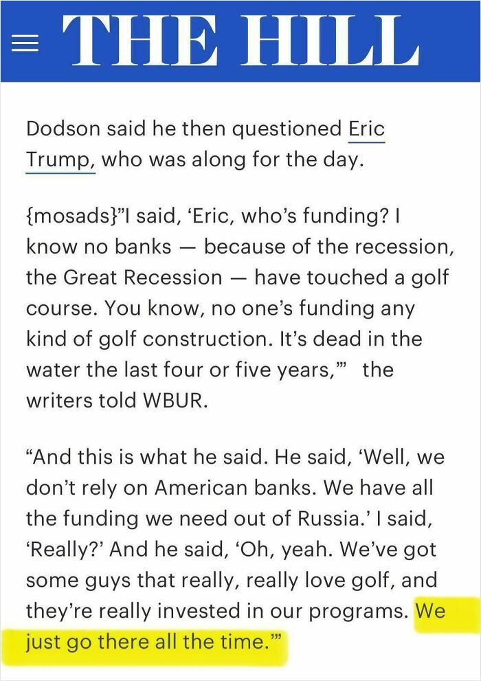 Text excerpt from The Hill article discussing funding sources and golf construction amid economic recession.
