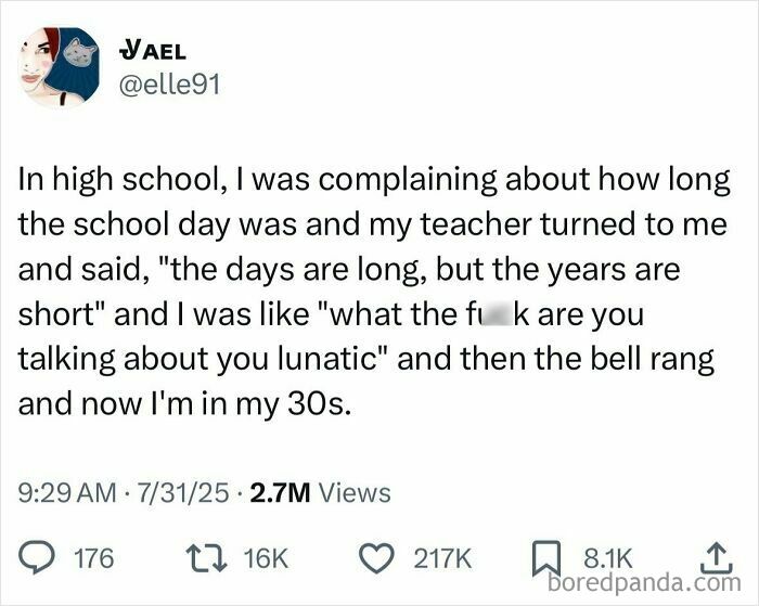 Tweet about long school days and short years, featured in 125 hilarious tweets from July with viral funny moments.