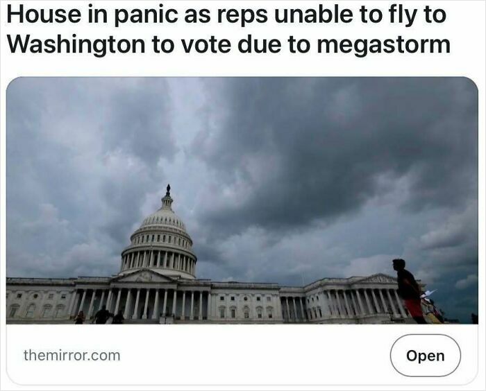 Stormy sky over the US Capitol as representatives are grounded, highlighting true headlines that seem like satire.
