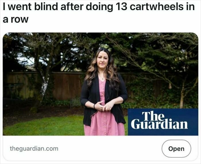 Woman standing outdoors with caption about going blind after doing 13 cartwheels, illustrating satire headlines truth.