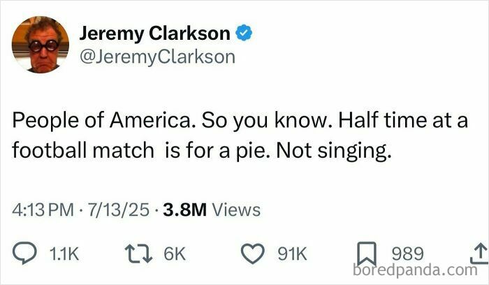Screenshot of a hilarious tweet by Jeremy Clarkson about football halftime humor, featured in July tweets collection.