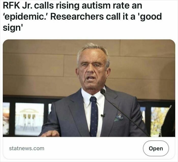 Man in suit speaking at a podium with caption about rising autism rate and researchers calling it a good sign.