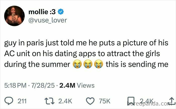 Tweet about a guy in Paris using his AC unit picture on dating apps, featured in hilarious tweets from July.