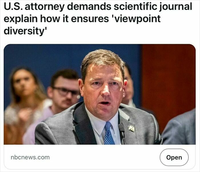 U.S. attorney speaking at a hearing demanding scientific journal explain viewpoint diversity, satire headlines theme.