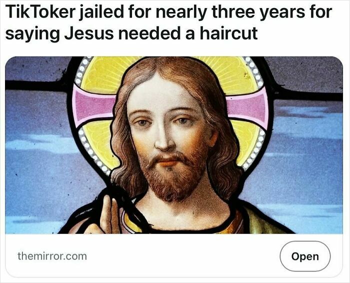 Satirical headline about TikToker jailed for saying Jesus needed a haircut, highlighting absurd true stories.