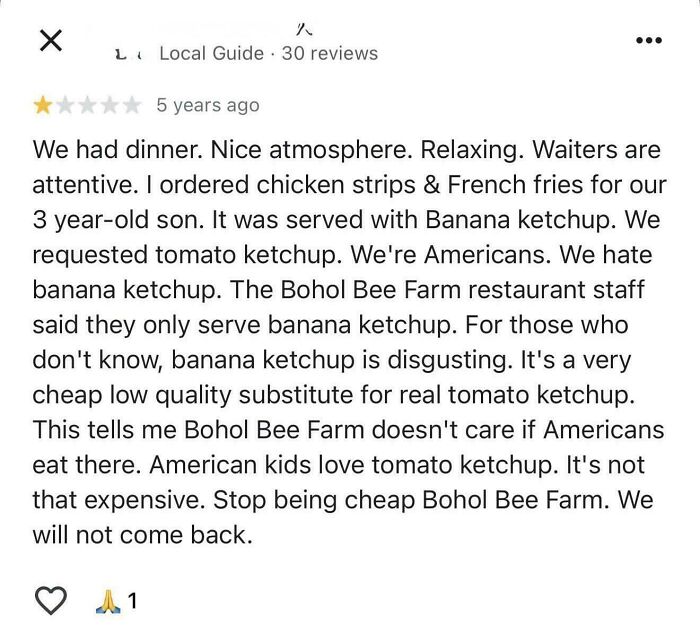 Screenshot of a one-star review complaining about banana ketchup served instead of tomato ketchup at Bohol Bee Farm, seen as dumb American food criticism.