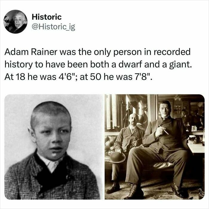 Historic photos showing Adam Rainer as a dwarf at 18 and a giant at 50, highlighting fascinating stories behind them.