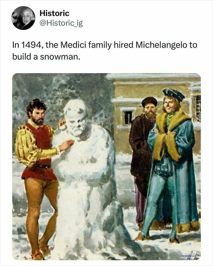 Historic painting showing Michelangelo sculpting a snowman in 1494 for the Medici family, illustrating interesting historic photos.