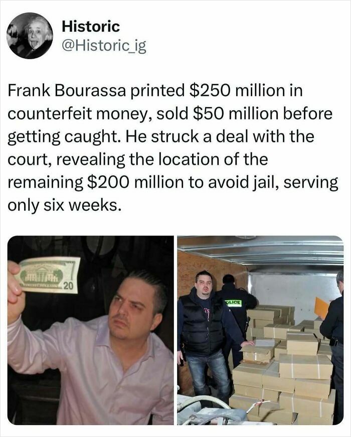 Historic photo showing Frank Bourassa with counterfeit money and authorities discovering large cash stacks.