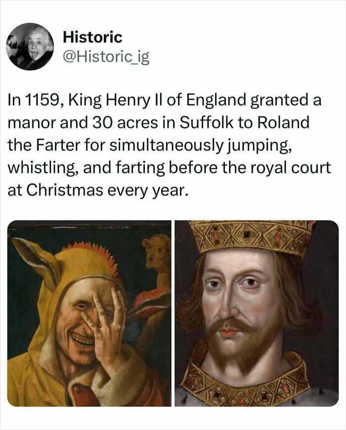 Historic photos showing King Henry II of England and a medieval jester related to an unusual royal court story.
