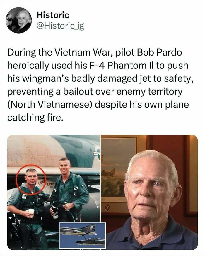 Historic photo of Vietnam War pilot Bob Pardo heroically pushing a damaged jet to safety despite his own plane on fire.