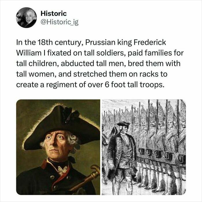 Historic photo showing Prussian King Frederick William I and tall soldiers in a unique 18th-century regiment formation.