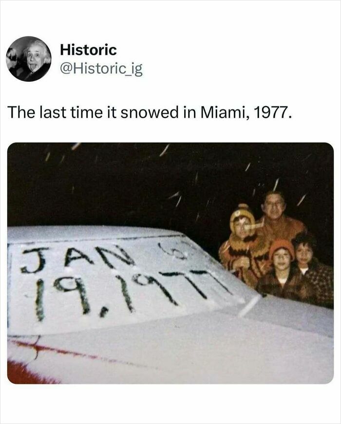 Historic photo showing the last snowfall in Miami on January 19, 1977 with children posing beside a snow-covered car.