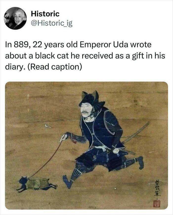 Historic photo of Emperor Uda in traditional attire walking a black cat on a leash, showcasing fascinating historic stories.