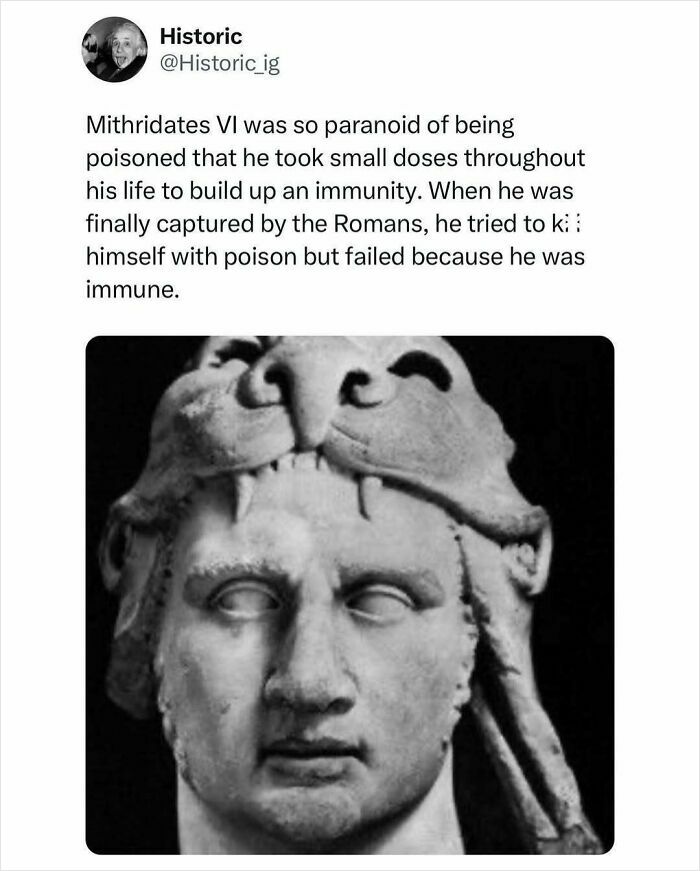 Ancient bust of Mithridates VI with a story about his historic methods to build immunity against poison.