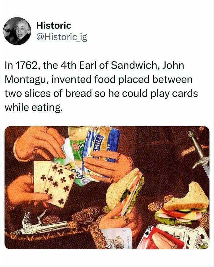 Historic photo showing the invention of the sandwich by the 4th Earl of Sandwich to eat while playing cards.