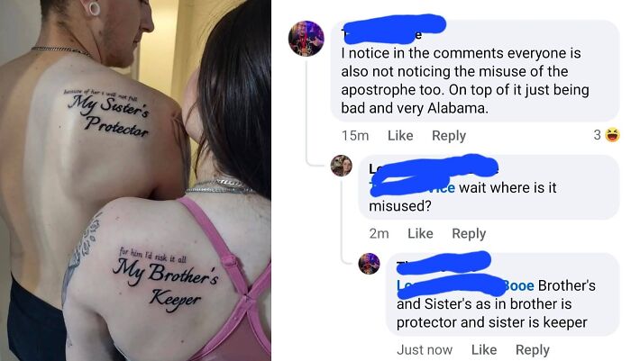 Two tattoos with quotes tattooed on shoulders with a social media comment incorrectly correcting grammar.