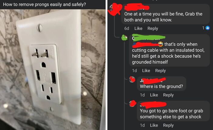 Image showing a social media thread where overconfident know-it-alls incorrectly correct someone about electrical prong removal safety.