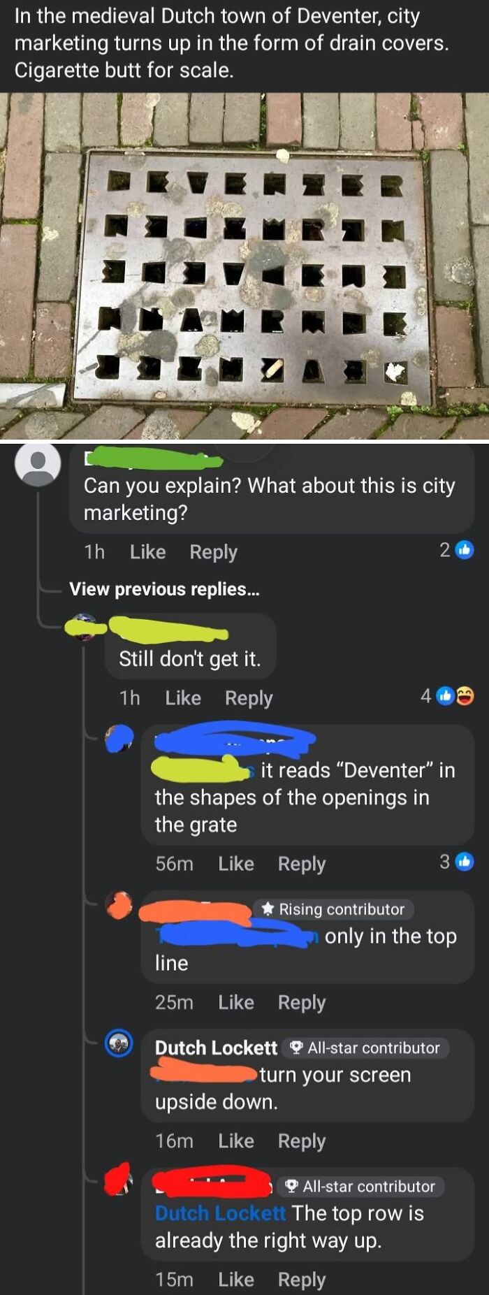 Drain cover in Deventer city with markings, shown in a social media thread about overconfident know-it-alls correcting others.